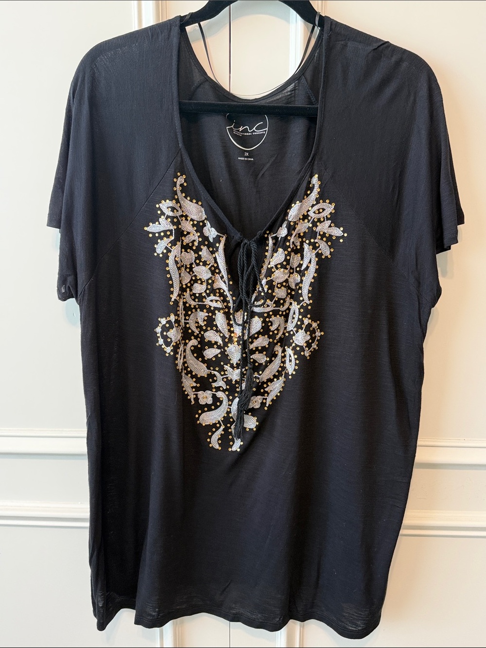 INC International Concepts Black V-Neck Tunic with Gold & Silver Embellishment